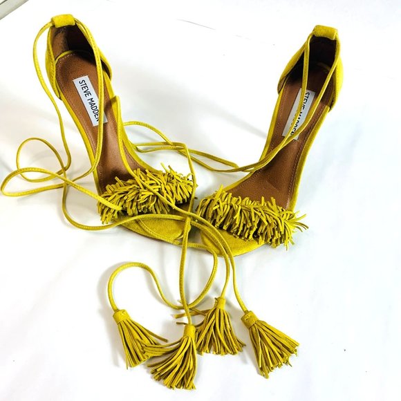Steve Madden "SASSEY" Yellow Fringe Lace Up Strap Stiletto Heels Shoes 7 - Picture 6 of 11